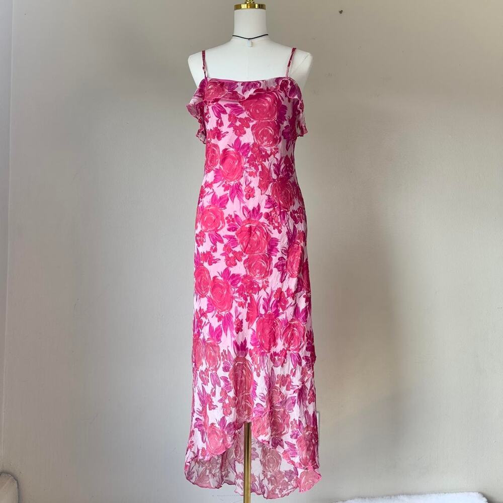 Byer Too Sundress Size 13 Pink Floral Ruffle Crinkle Fairy Garden Party Y2K